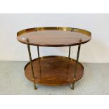 A C19TH MAHOGANY AND BRASS ETAGERE, THE OVAL TIERS WITH HALF GALLERIED SIDES, WIDTH 68cm,