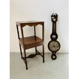 ANTIQUE MAHOGANY BANJO BAROMETER AND MAHOGANY TWO TIER WASH STAND WITH DRAWER.