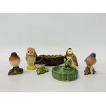 TWO SMALL BESWICK OWLS, THREE BESWICK BIRD STUDIES - ROBIN, WREN AND CHAFFINCH,