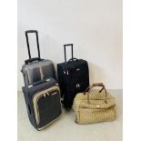 FOUR VARIOUS WHEELED LUGGAGE CASES TO INCLUDE LIZ CLAIBORNE, SKYFLITE, PIERRE CARDIN AND EMINENT.