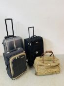 FOUR VARIOUS WHEELED LUGGAGE CASES TO INCLUDE LIZ CLAIBORNE, SKYFLITE, PIERRE CARDIN AND EMINENT.