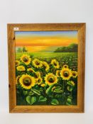 A FRAMED OIL ON CANVAS OF A SUNFLOWER FIELD (SIGNED) 61.5CM X 51CM.
