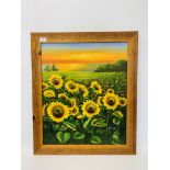 A FRAMED OIL ON CANVAS OF A SUNFLOWER FIELD (SIGNED) 61.5CM X 51CM.