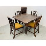 AN EDWARDIAN MAHOGANY EXTENDING DINING TABLE WITH ONE LEAF (WIND OUT ACTION - NO HANDLE) WIDTH