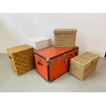 A LARGE RED BOUND STORAGE TRUNK, TWO LINEN BASKETS AND TWO SEAGRASS STORAGE BOXES.