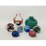 6 x COLOURED GLASS PAPERWEIGHTS OF VARIOUS SIZES, ART GLASS BASKET, ART GLASS VASE ON A MAINLY BLUE,