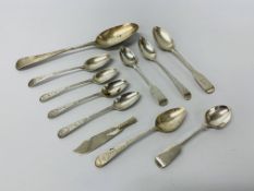 An early C18th silver dessert spoon (A/F), three bright cut silver Georgian teaspoons,