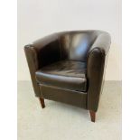 A MODERN DARK TAN FAUX LEATHER TUB CHAIR - W 70CM. D 75CM. H 80CM.