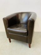 A MODERN DARK TAN FAUX LEATHER TUB CHAIR - W 70CM. D 75CM. H 80CM.