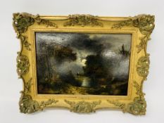 Follower of John Crome, A nocturne with a boat near a shore: Oil on panel, the reverse with label,