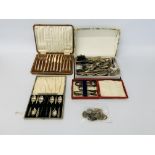 A QUANTITY OF BOXED CUTLERY TOGETHER WITH VARIOUS LOOSE CUTLERY AND COINAGE ETC.