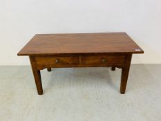 AN OLD CHARM MODERN TWO DRAWER COFFEE TABLE. W 105CM. H 51CM. D 50CM.