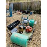 A HAYTERETTE PETROL LAWN MOWER, GARDEN ROLLER, GARDEN HOSE, TWO TREAD HOUSEHOLD STEPS,