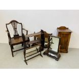 A GEORGE III MAHOGANY OPEN ARM CHAIR FITTED FOR A COMMODE, AN EDWARDIAN MAHOGANY OVERMANTLE MIRROR,