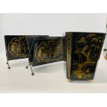 PAIR OF BLACK LACQUERED MAGAZINE RACKS WITH ORIENTAL GILT PATTERN TOGETHER WITH A MATCHING BIN