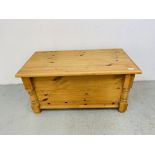 A SOLID HONEY PINE BLANKET CHEST. W 90cm. D 47cm. H 45cm.