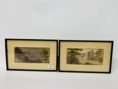 Two watercolours, a country house and a hillside village scene, c.
