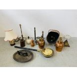 A VICTORIAN CAST IRON BOOT SCRAPER, BRASS BED WARMING PAN, PAIR OF COPPER TABLE LAMPS,