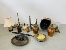 A VICTORIAN CAST IRON BOOT SCRAPER, BRASS BED WARMING PAN, PAIR OF COPPER TABLE LAMPS,