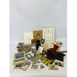 A BOX OF COLLECTABLES TO INCLUDE VINTAGE RED ENSIGN FLAG, VINTAGE PHOTOGRAPHS,