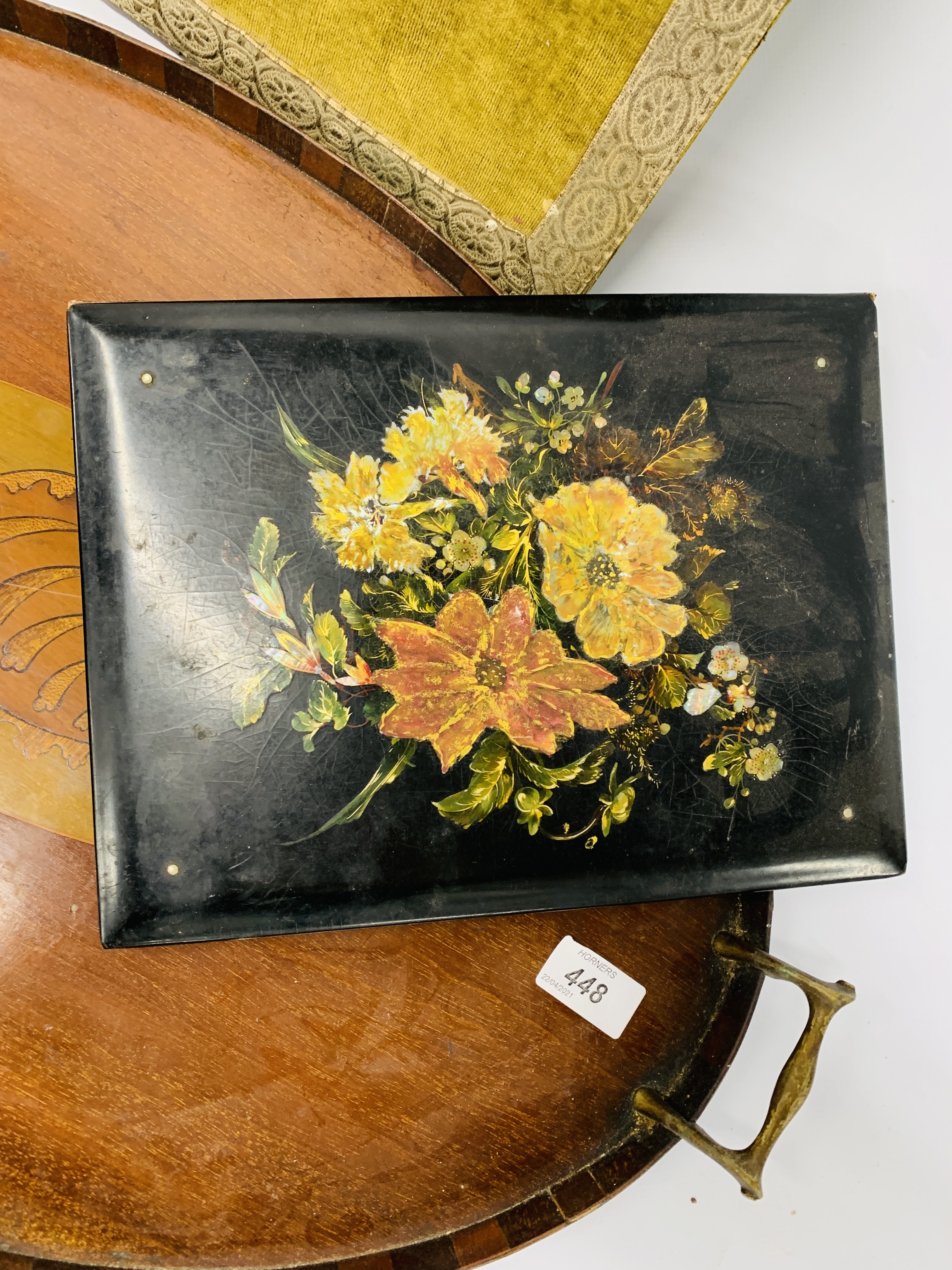 An Edwardian oval tray with shell inlay, a C19th decorated blotter, - Image 3 of 7