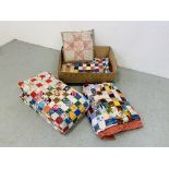 3 x VARIOUS VINTAGE PATCHWORK QUILTS AND A CUSHION