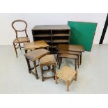 A PIGEON HOLE FILING UNIT, TWO SETS OF OAK GRADUATED OCCASIONAL TABLES, A FOLDING CARD TABLE,