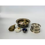 A SILVER INKWELL, A SMALL PIERCED SILVER POT WITH BLUE GLASS LINER, A SILVER PLATED WINE COASTER,