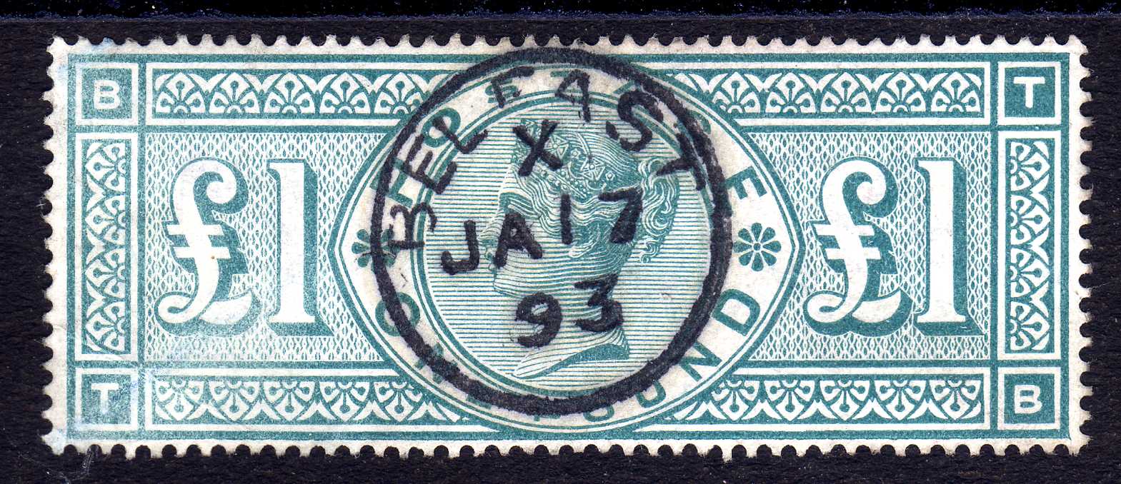 GB: 1891 £1 GREEN, USED CANCELLED BELFAS