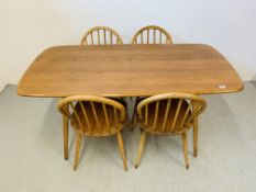 AN ERCOL ELM RECTANGULAR DINING TABLE 153CM X 77CM ALONG WITH A SET OF FOUR ERCOL STICK BACK DINING