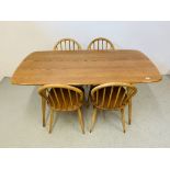 AN ERCOL ELM RECTANGULAR DINING TABLE 153CM X 77CM ALONG WITH A SET OF FOUR ERCOL STICK BACK DINING