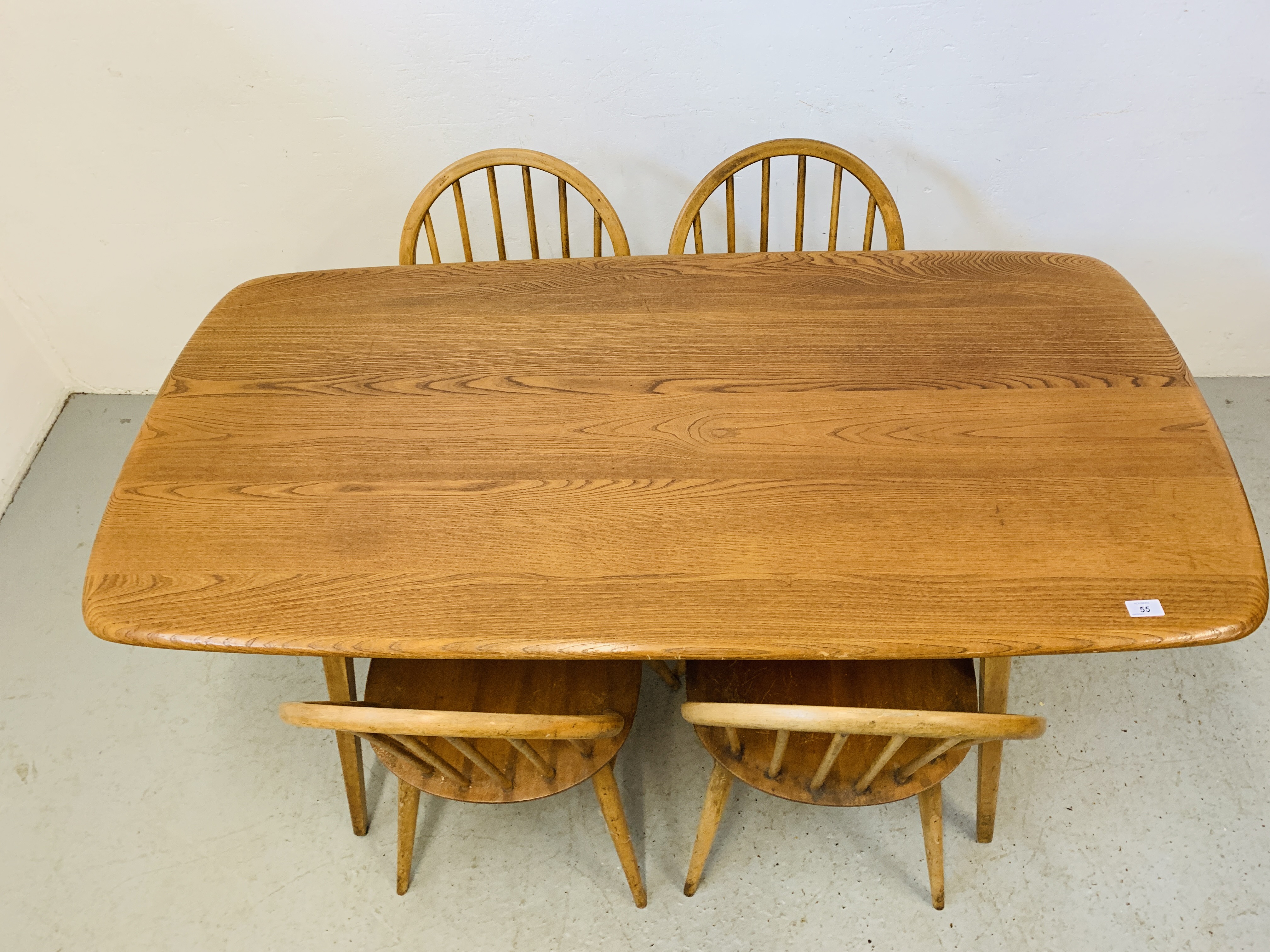 AN ERCOL ELM RECTANGULAR DINING TABLE 153CM X 77CM ALONG WITH A SET OF FOUR ERCOL STICK BACK DINING - Image 4 of 9