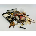 BOX OF COSTUME JEWELLERY TOGETHER WITH A CASED CHRISTENING SET + SMITHS EMPIRE WRIST WATCH ETC.