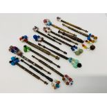 15 X VINTAGE WOODEN TURNED LACE MAKING BOBBINS ALL WITH SPANGLES,