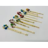 10 X VINTAGE BONE LACE MAKING BOBBINS ALL WITH SPANGLES OF PLAIN DESIGN