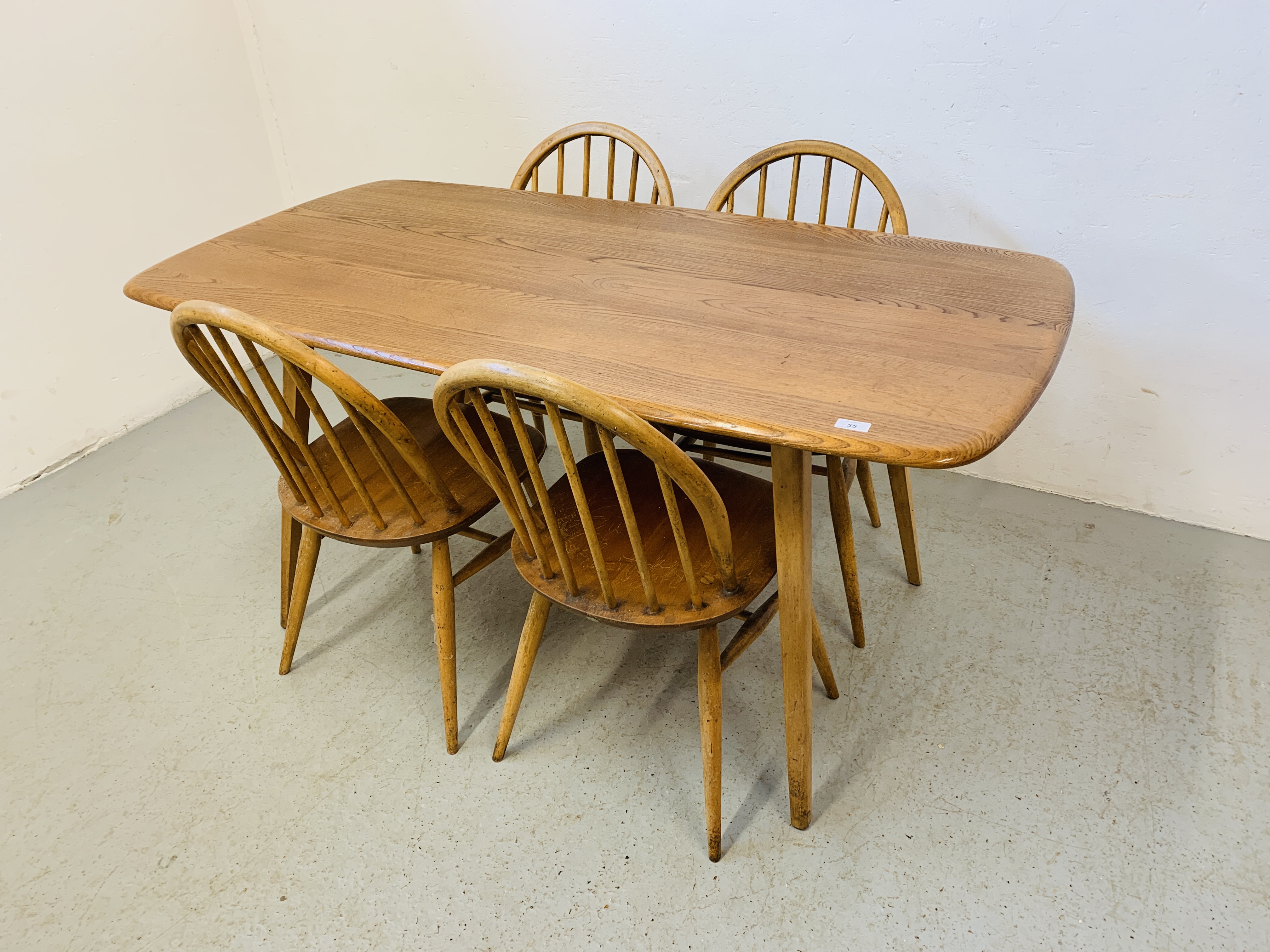 AN ERCOL ELM RECTANGULAR DINING TABLE 153CM X 77CM ALONG WITH A SET OF FOUR ERCOL STICK BACK DINING - Image 2 of 9