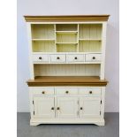 A MODERN PAINTED AND NATURAL FINISH OAK TOP DRESSER - W 139CM. H 190CM. D 43CM.