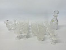 WATERFORD CRYSTAL DECANTER & WATER JUG TOGETHER WITH A COLLECTION 21 VARIOUS DRINKING GLASSES