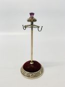 A SILVER HAT PIN STAND WITH AMETHYST FINIAL BY A & S, BIRMINGHAM 1908, HEIGHT 15.5CM.