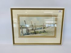 JASON PARTNER: MOORINGS AT MORSTON, WATERCOLOUR, 23 X 40CM.