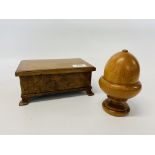 A WALNUT CIGARETTE BOX ALONG WITH A TURNED ASH STRING BOX (FASHIONED AS AN ACORN)