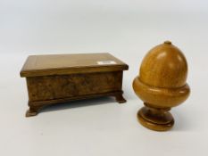 A WALNUT CIGARETTE BOX ALONG WITH A TURNED ASH STRING BOX (FASHIONED AS AN ACORN)