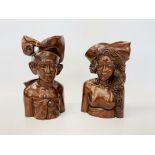 A PAIR OF MODERN ORIENTAL CARVED HARDWOOD BUSTS, A MAN AND A WOMAN, HEIGHTS 29CM AND 26.