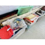 3 X LARGE BOXES OF MIXED MATERIALS AND YARN TOGETHER WITH VARIOUS CRAFT & KNITTING ACCESSORIES ETC.