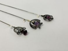 THREE SILVER CHARLES HORNER SILVER HAT PINS, EACH SET WITH A SINGLE AMETHYST, ONE LOOSE STONE, 25,