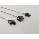 THREE SILVER CHARLES HORNER SILVER HAT PINS, EACH SET WITH A SINGLE AMETHYST, ONE LOOSE STONE, 25,