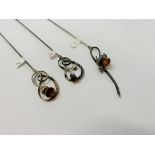 THREE SILVER CHARLES HORNERS HAT PINS, ALL THREE MARKED STERLING SET WITH AMBER COLOURED STONES, 35,