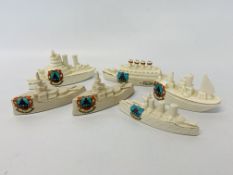 A GROUP OF 6 CRESTED WARE BATTLESHIPS "NORTH WALSHAM" TO INCLUDE ARCADIAN, CARLTON CHINA ETC.