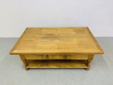 A BAKER BEDFORD HARDWOOD AND FLAGSTONE INSET TWO TIER COFFEE TABLE - 130 CM X 80 CM.