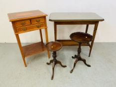 A (R) THREE DRAWER STAND ALONG WITH TWO PEDESTAL WINE TABLES AND EDWARDIAN RECTANGULAR SIDE TABLE